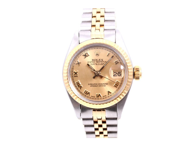 Rolex Datejust 18K Yellow Gold And Stainless Steel Champagne Roman Dial Jubilee Band 26mm Womens Watch
