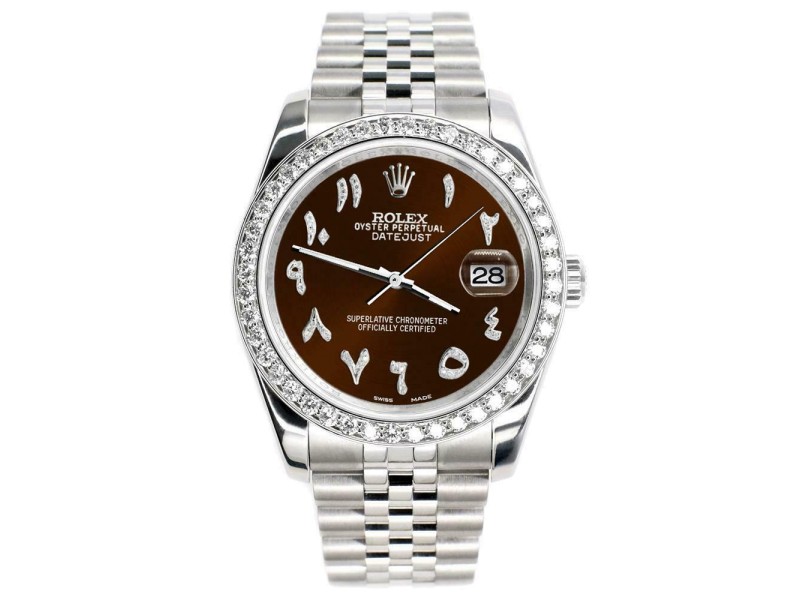 Rolex Datejust 116200 36mm 2ct Diamond Bezel/Chocolate Arabic Dial Steel Watch
