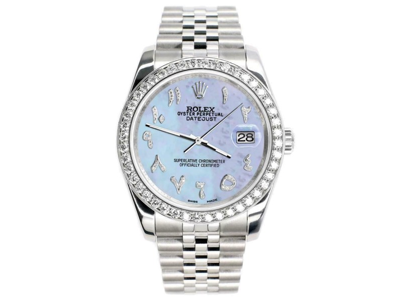 Rolex Datejust 116200 36mm 2ct Diamond Bezel/Purple MOP Arabic Dial Steel Watch