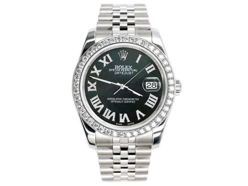 Rolex Datejust 116200 36mm 2.0ct Diamond Bezel/Black MOP Roman Dial Steel Watch
