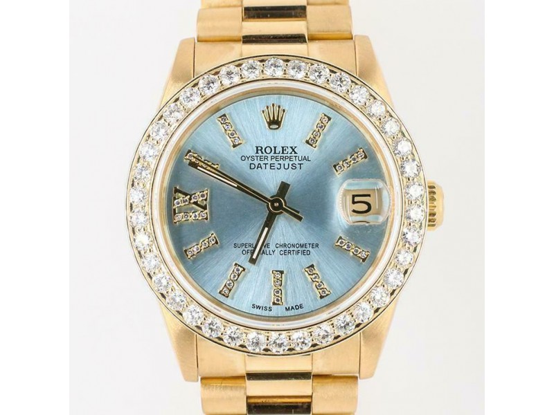 Rolex President Datejust 31mm Diamond Bezel/IceBlue Roman Dial Yellow Gold Watch