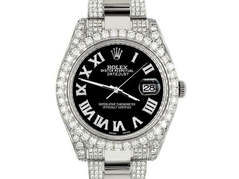 Rolex Datejust II 41mm Diamond Bezel/Lugs/Bracelet/Black Roman Dial Steel Watch 