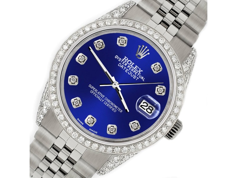 Rolex Datejust 36mm Steel Watch 2.85ct Diamond Bezel/Pave Case/Navy Blue Dial