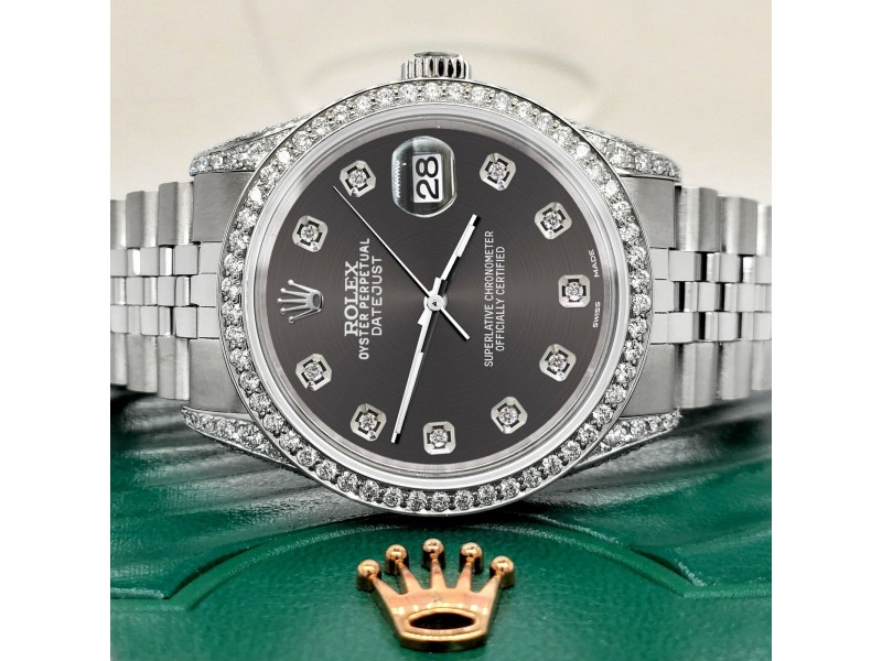 Rolex Datejust 36mm Steel Watch 2.85ct Diamond Bezel/Pave Case/Rhodium Grey Dial
