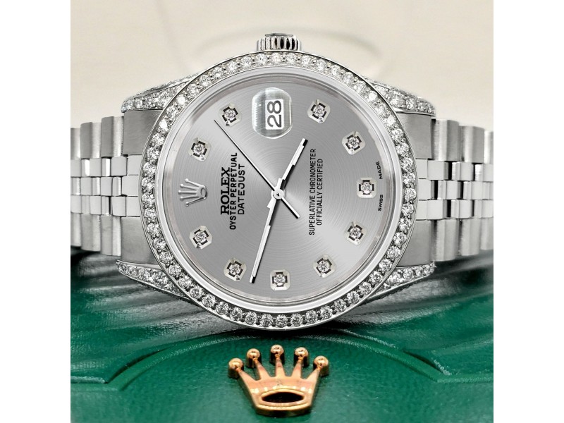 Rolex Datejust 36mm Steel Watch with 2.85ct Diamond Bezel/Pave Case/Silver Dial
