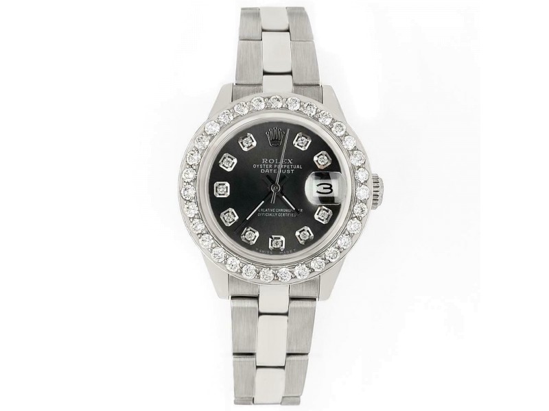 Rolex Datejust 26mm Steel Watch 1.3ct Diamond Bezel/Black Raven Diamond Dial