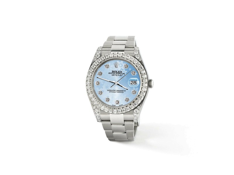 Rolex Datejust II 41mm 4.5CT Diamond Bezel/Lugs/Blue Floral Dial Box Papers