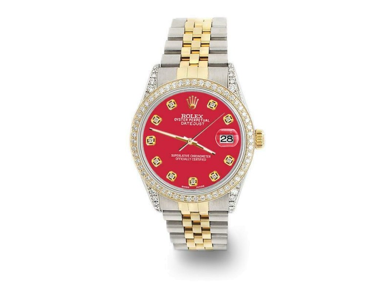 Rolex Datejust 2-Tone 36mm 1.4ct Diamond Bezel/Lugs/Scarlet Red Dial Watch