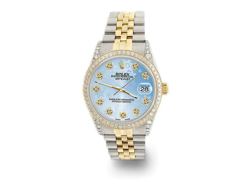 Rolex Datejust 2-Tone 36mm 1.4ct Diamond Bezel/Lugs/Blue Flower Dial Watch