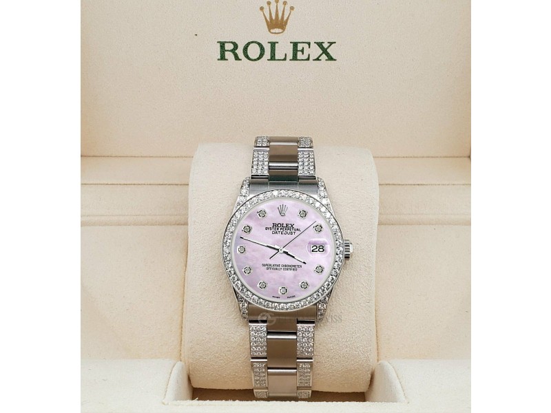 Rolex Datejust 31mm 3.5ct Diamond Bezel/Lugs/Bracelet/Pink Pearl Steel Watch