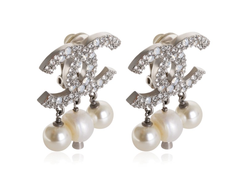 Silver Tone Chanel CC Drop Earrings With Faux Pearl & Strass