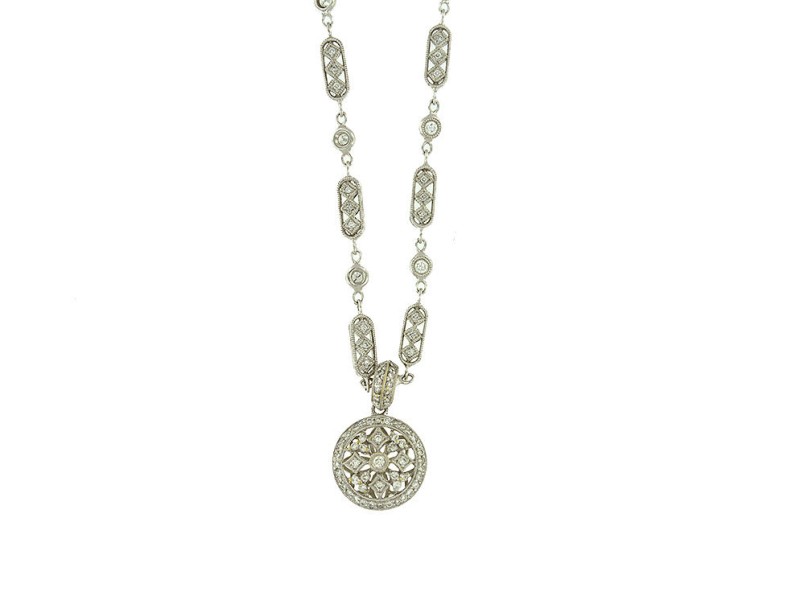 Parade Designs 18K White Gold Diamond Lace Intricate Pendant and Necklace Chain