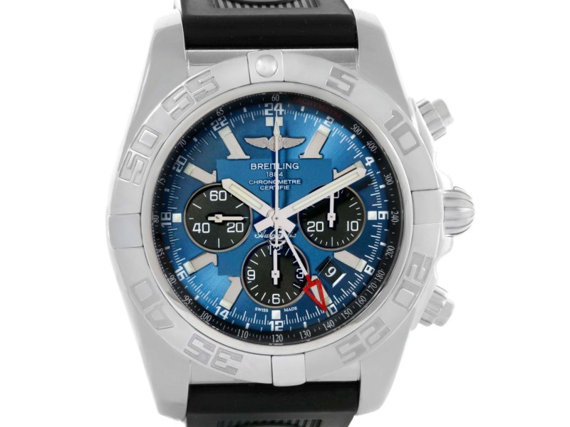Breitling AB0410 Chronomat GMT Blue Dial Rubber Strap Steel Mens Watch