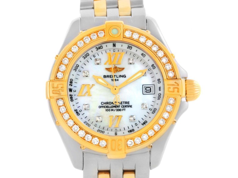 Breitling Ladies D71365 Steel 18K Yellow Gold MOP Dial Diamond Watch 