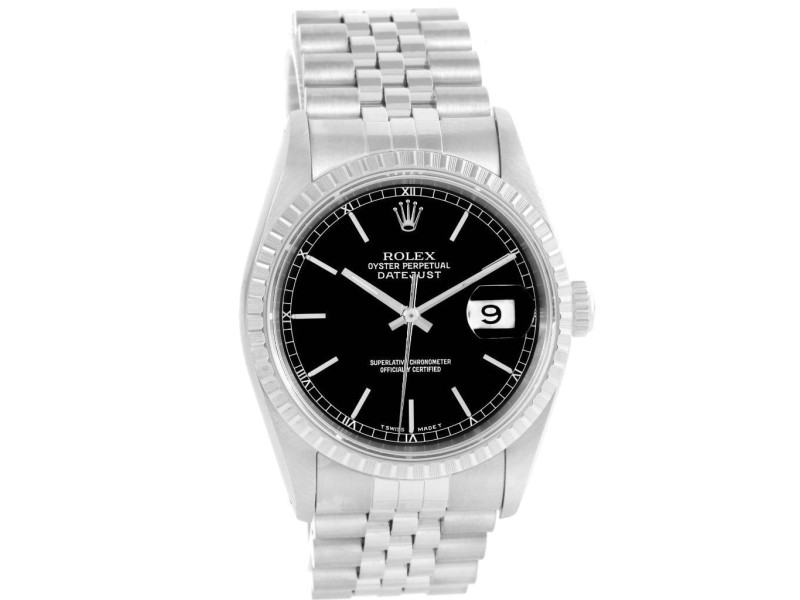 Rolex Datejust 16220 Stainless Steel Black Baton Dial Mens 36mm Watch