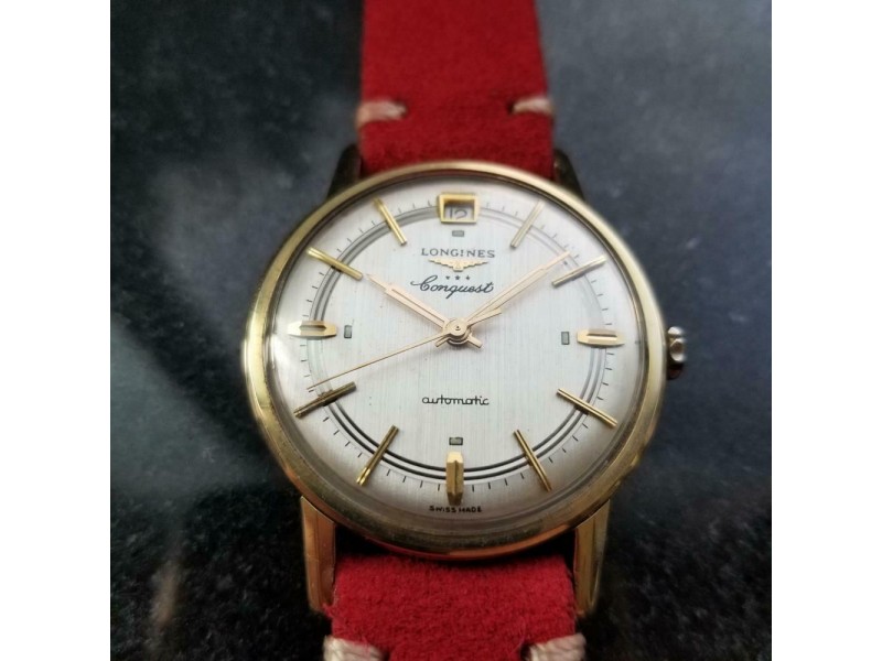 LONGINES Men's Gold-Capped Conquest Date Automatic c1970s Swiss Vintage LV563RED