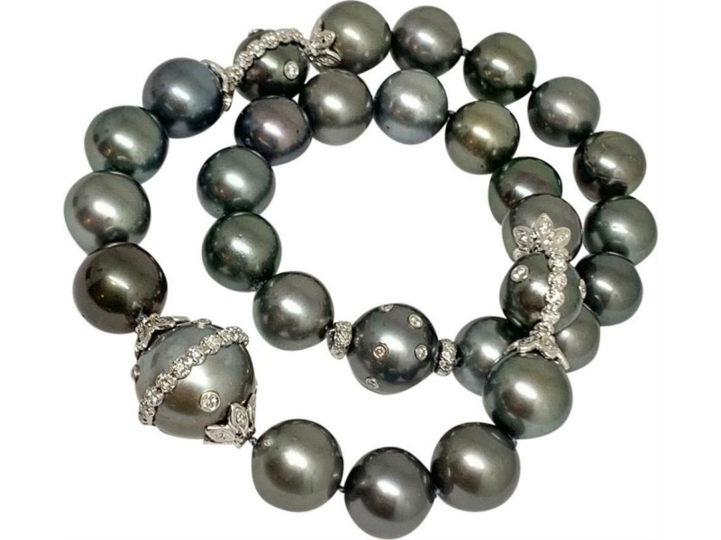 Diamond Tahitian Pearl Necklace 14k Gold 17.5 mm 17.5" Certified $29,750 915540