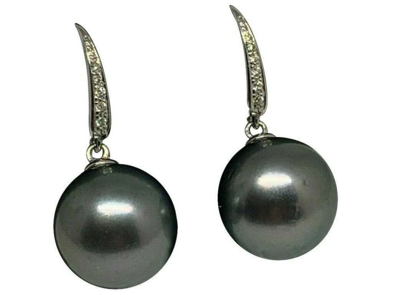 Diamond Tahitian Pearl Earrings 18k Gold 13.5 mm Certified $2,950 913503