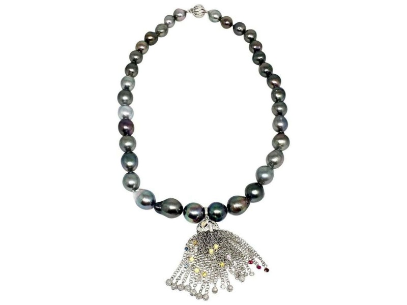 Diamond Sapphire Ruby Tahitian Pearl Necklace 18k Gold Certified $13,950 910880