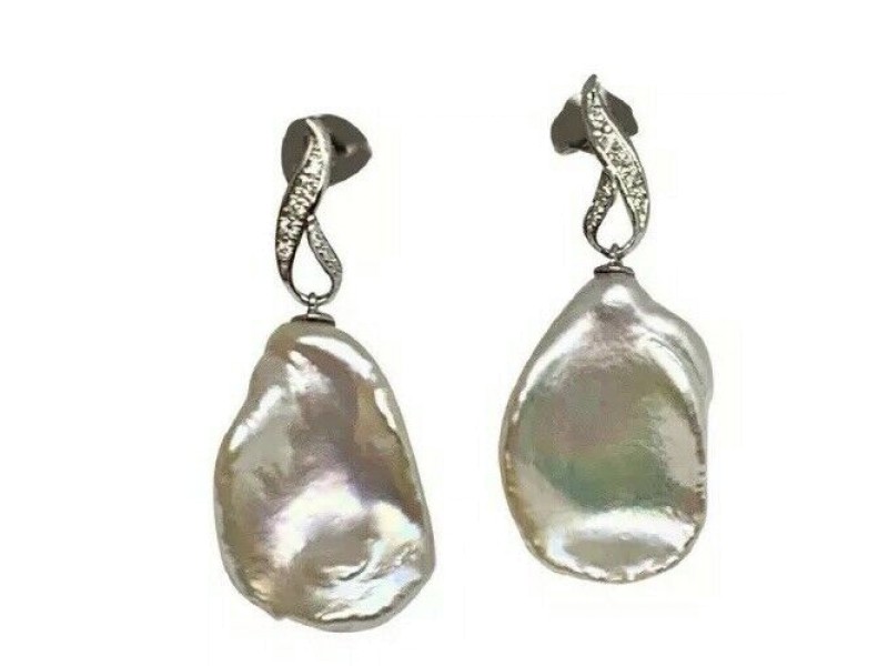 Diamond Baroque Freshwater Pearl Earrings 14k Gold Certified $1950 914369