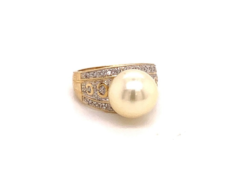 Diamond South Sea Pearl Ring 14k Gold Large 11.5 mm Certified 