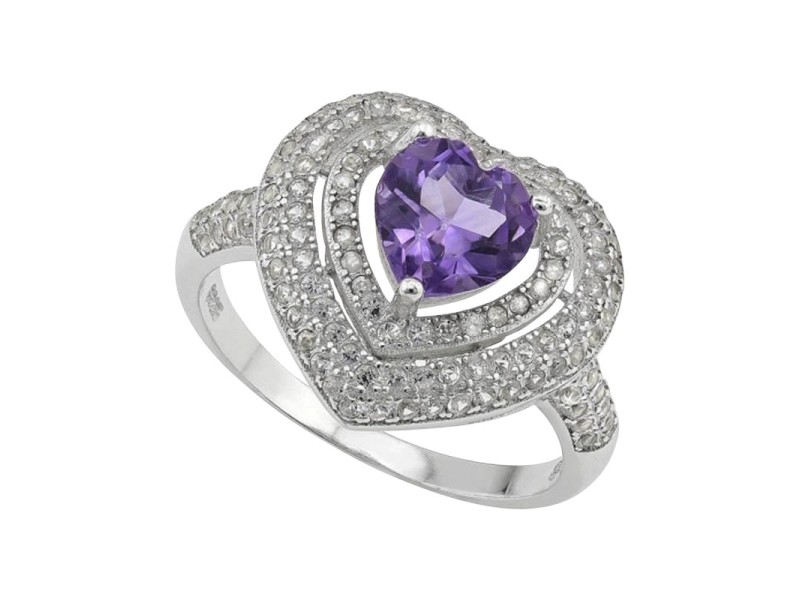 925 Sterling Silver Purple Amethyst and 0.07ct. Diamonds Synthetic White Sapphire Ring Size 8