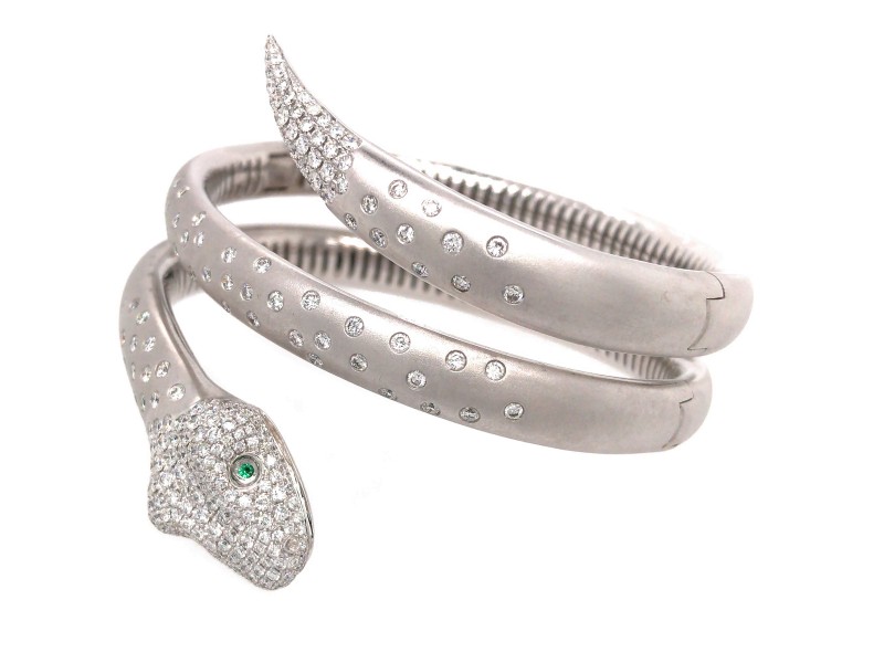 18k White Gold Matte Snake Cuff Diamond Bracelet