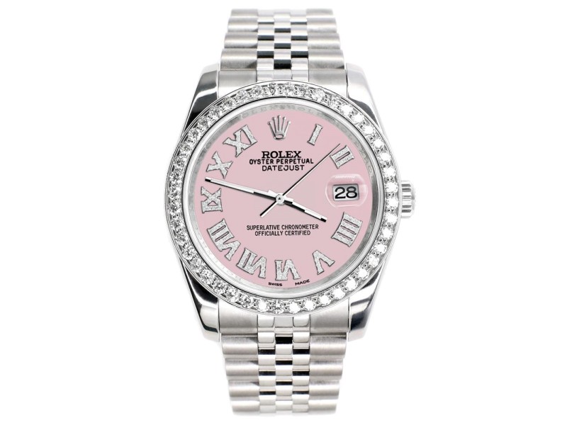 Rolex Datejust 116200 36mm 2.0ct Diamond Bezel/Orchid Pink Diamond Roman Dial Steel Watch