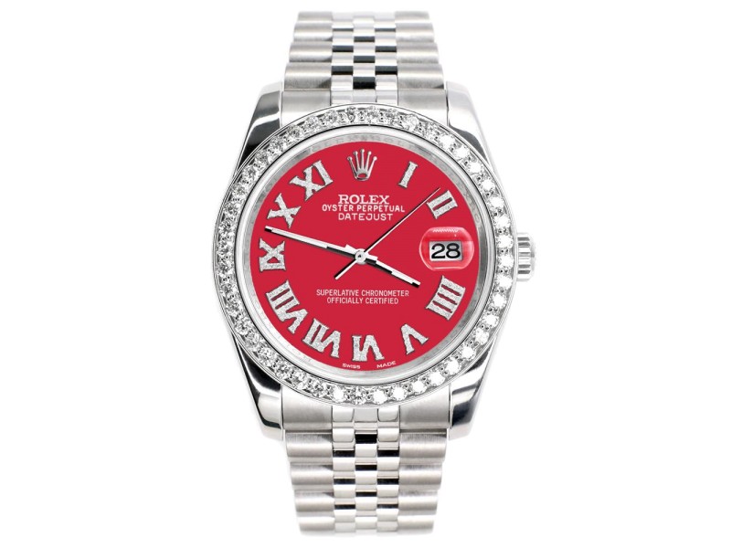 Rolex Datejust 116200 36mm 2.0ct Diamond Bezel/Scarlet Red Diamond Roman Dial Steel Watch