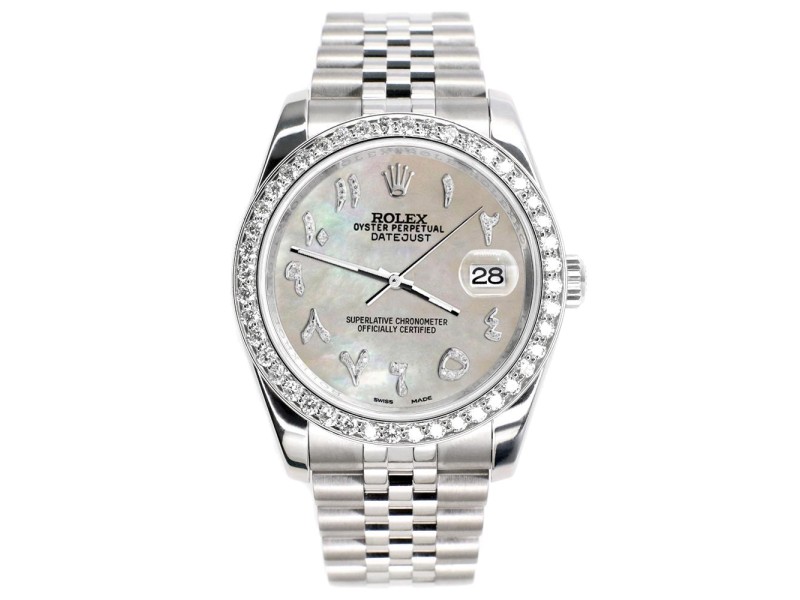 Rolex Datejust 116200 36mm 2ct Diamond Bezel/Champagne MOP Diamond Arabic Dial Steel Watch