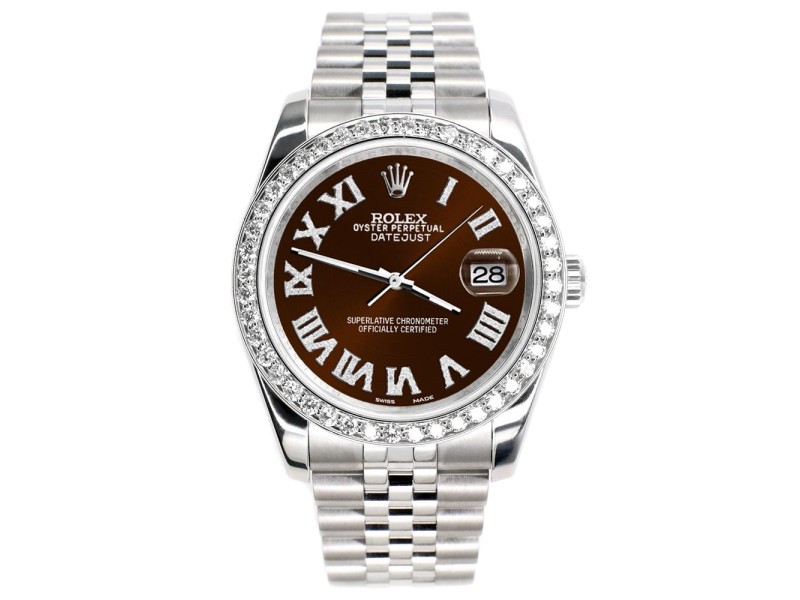 Rolex Datejust 116200 36mm 2.0ct Diamond Bezel/Chocolate Diamond Roman Dial Steel Watch