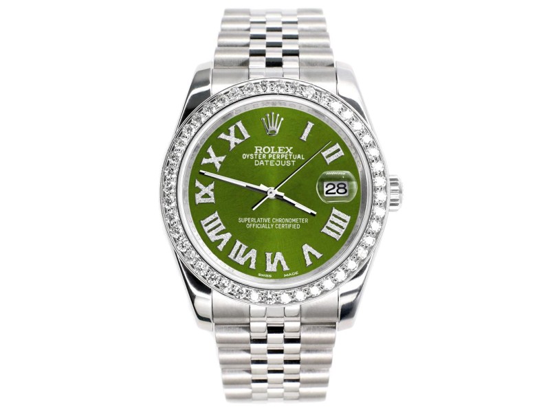 Rolex Datejust 116200 36mm 2.0ct Diamond Bezel/Royal Green Diamond Roman Dial Steel Watch