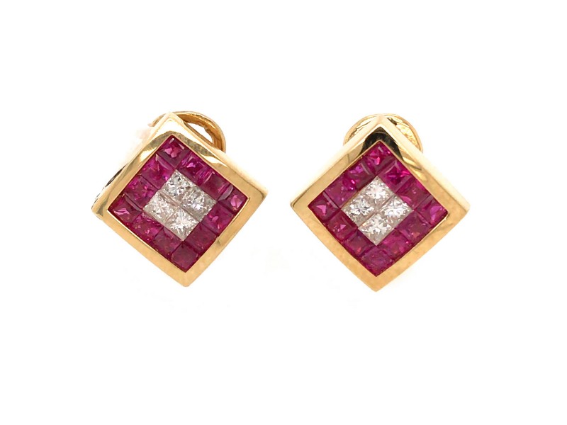 18k Yellow Gold Ruby and Diamond Tile Earrings