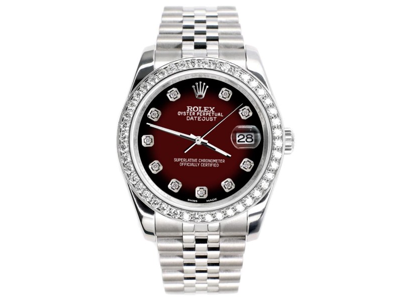 Rolex Datejust 116200 36mm 1.85ct Diamond Bezel/Maroon Red Diamond Dial Steel Watch