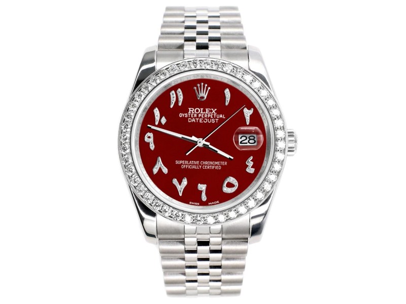 Rolex Datejust 116200 36mm 2.0ct Diamond Bezel/Imperial Red Diamond Arabic Dial Steel Watch