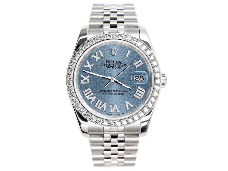 Rolex Datejust 116200 36mm 2.0ct Diamond Bezel/Ice Blue Jubilee Diamond Roman Dial Steel Watch