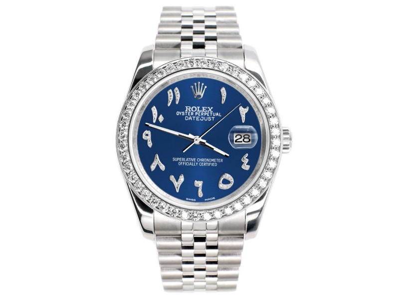 Rolex Datejust 116200 36mm 2.0ct Diamond Bezel/Cobalt Blue Diamond Arabic Dial Steel Watch