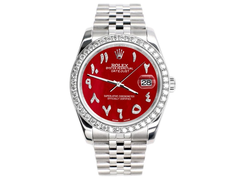 Rolex Datejust 116200 36mm 2.0ct Diamond Bezel/Red MOP Diamond Arabic Dial Steel Watch