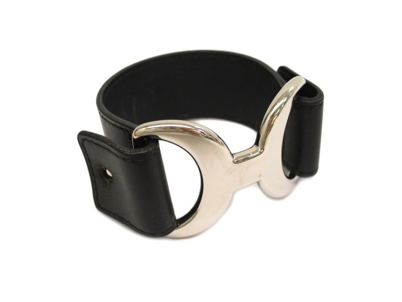 Hermes Silver Tone Metal And Leather Bracelet 
