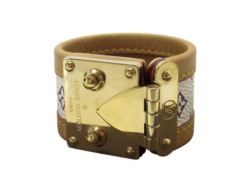 Louis Vuitton Gold Tone Metal Leather and Canvas Bracelet 
