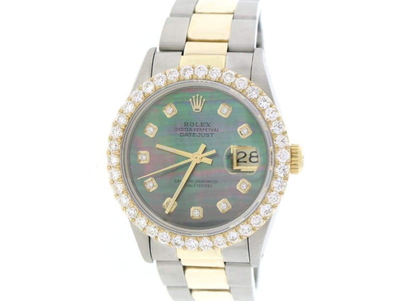 Rolex Datejust 2-Tone 18K Gold/SS 36mm Automatic Oyster Watch w/Tahitian Diamond Dial & 2.70Ct Bezel