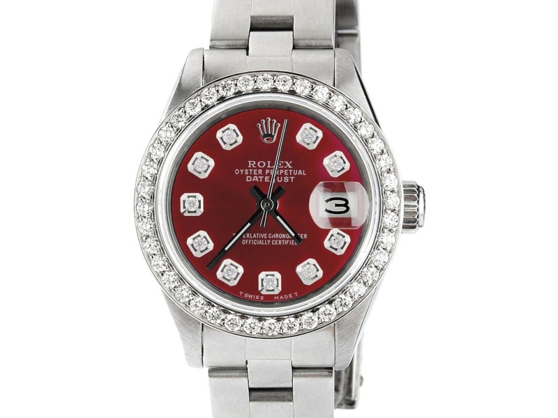Rolex Datejust Ladies Automatic Stainless Steel 26mm Oyster Watch w/Merlot Red Dial & Diamond Bezel