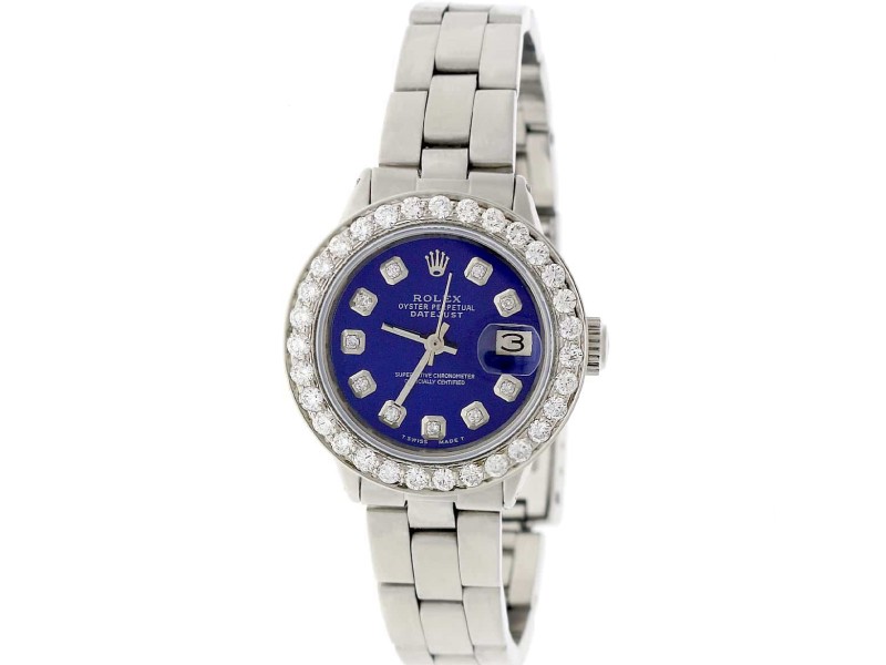 Rolex Datejust Ladies 26MM Automatic Stainless Steel Oyster Watch w/Navy Blue Diamond Dial & 1.45Ct Bezel