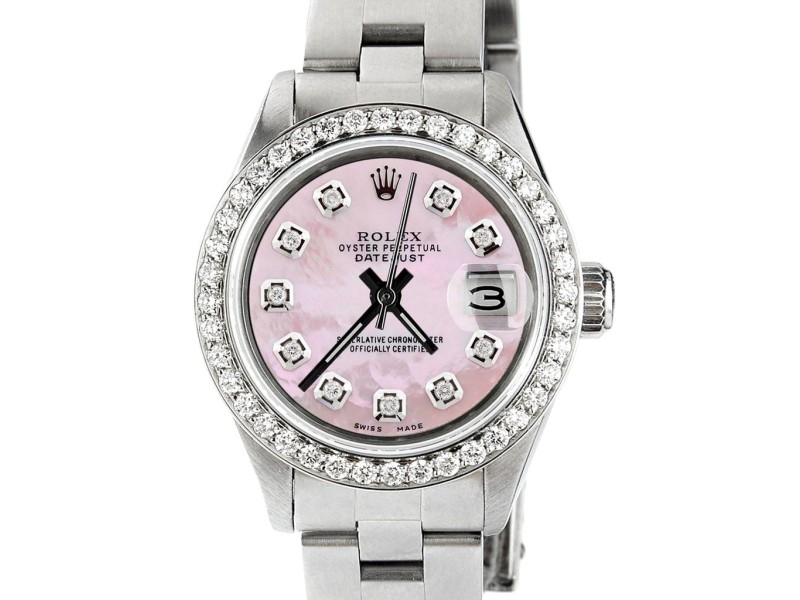 Rolex Datejust Ladies Automatic Stainless Steel 26mm Oyster Watch w/Pink MOP Dial & Diamond Bezel