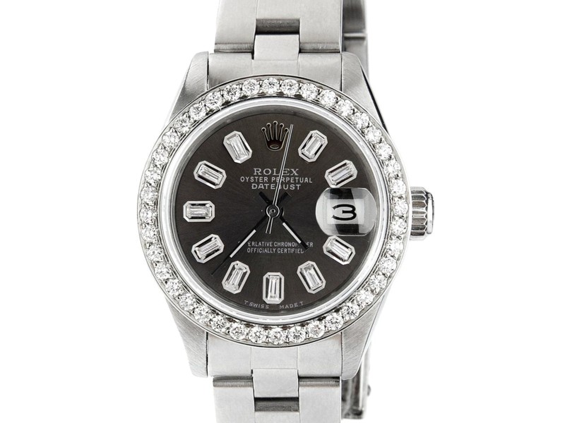 Rolex Datejust Ladies Automatic Stainless Steel 26mm Oyster Watch w/Black Baguette Diamond Dial & Bezel