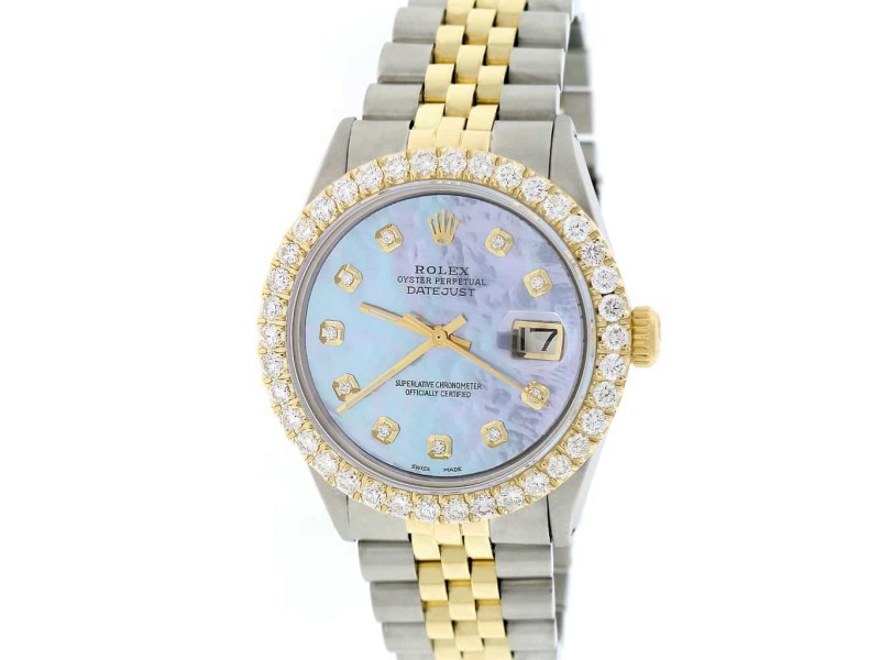 Rolex Datejust 2-Tone 18K Yellow Gold/Stainless Steel Jubilee Watch 36MM 16013 w/Purple MOP Diamond Dial & 2.7CT Bezel