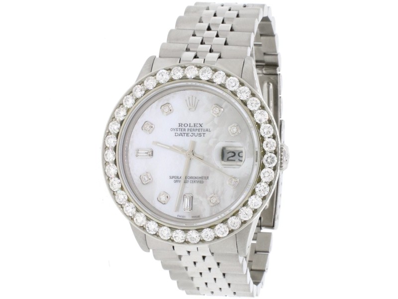 Rolex Datejust 36mm SS Automatic Jubilee Watch w/MOP Diamond Dial & 3.65Ct Bezel
