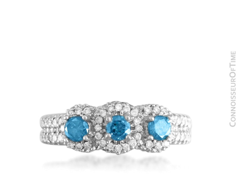 18K White Gold & Blue Diamond 3-Stone Wedding Ring, GIA $3445 - 1.82 Carats TDW