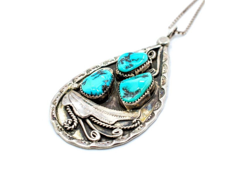 Vintage 925 Sterling Silver Turquoise Pendant Necklace 24"