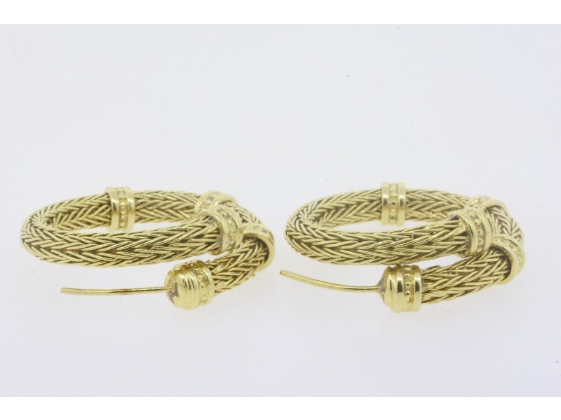 18k Yellow Gold Wheat Mesh Chain Hoop Earrings Heavy 17.9g Flexible 3 Station 